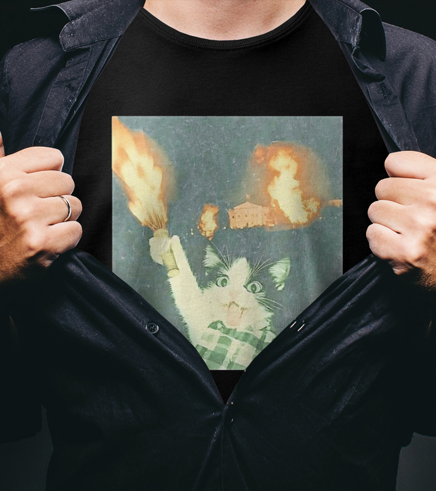 Rebellious Cat Riot Scene With Flaming T-Shirt