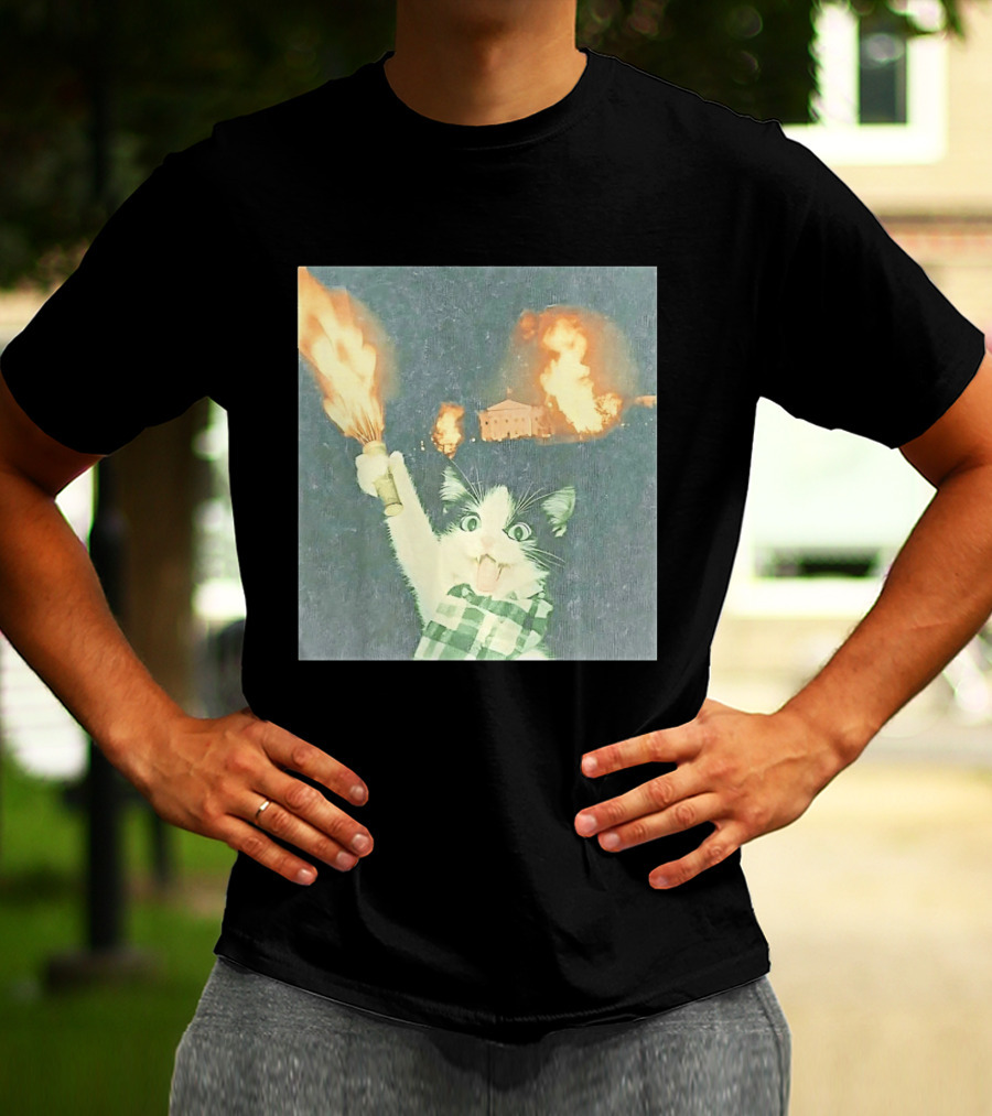 Rebellious Cat Riot Scene With Flaming T-Shirt