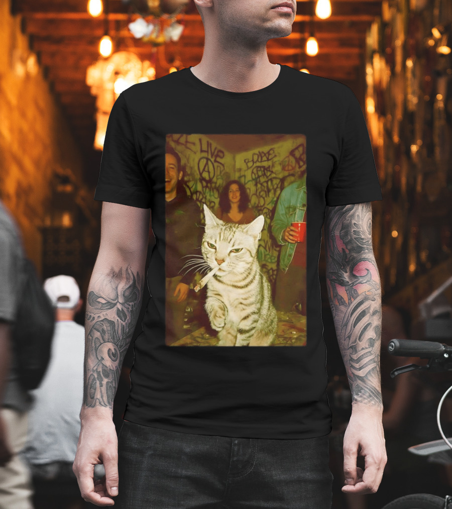 Smoking Tabby Cat Live Punk Party Scene T-Shirt