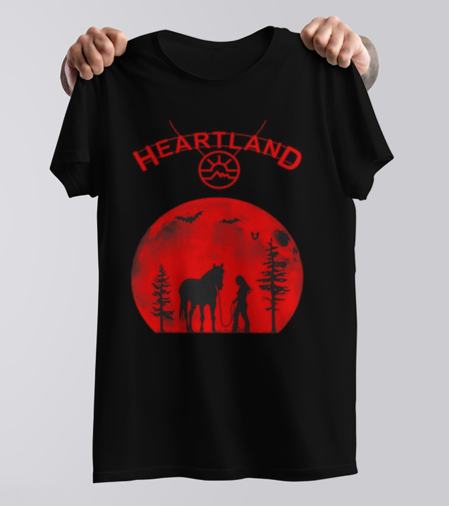 Heartland Ranch Red Moon Horse And Human Silhouette With Trees And Bats T-Shirt