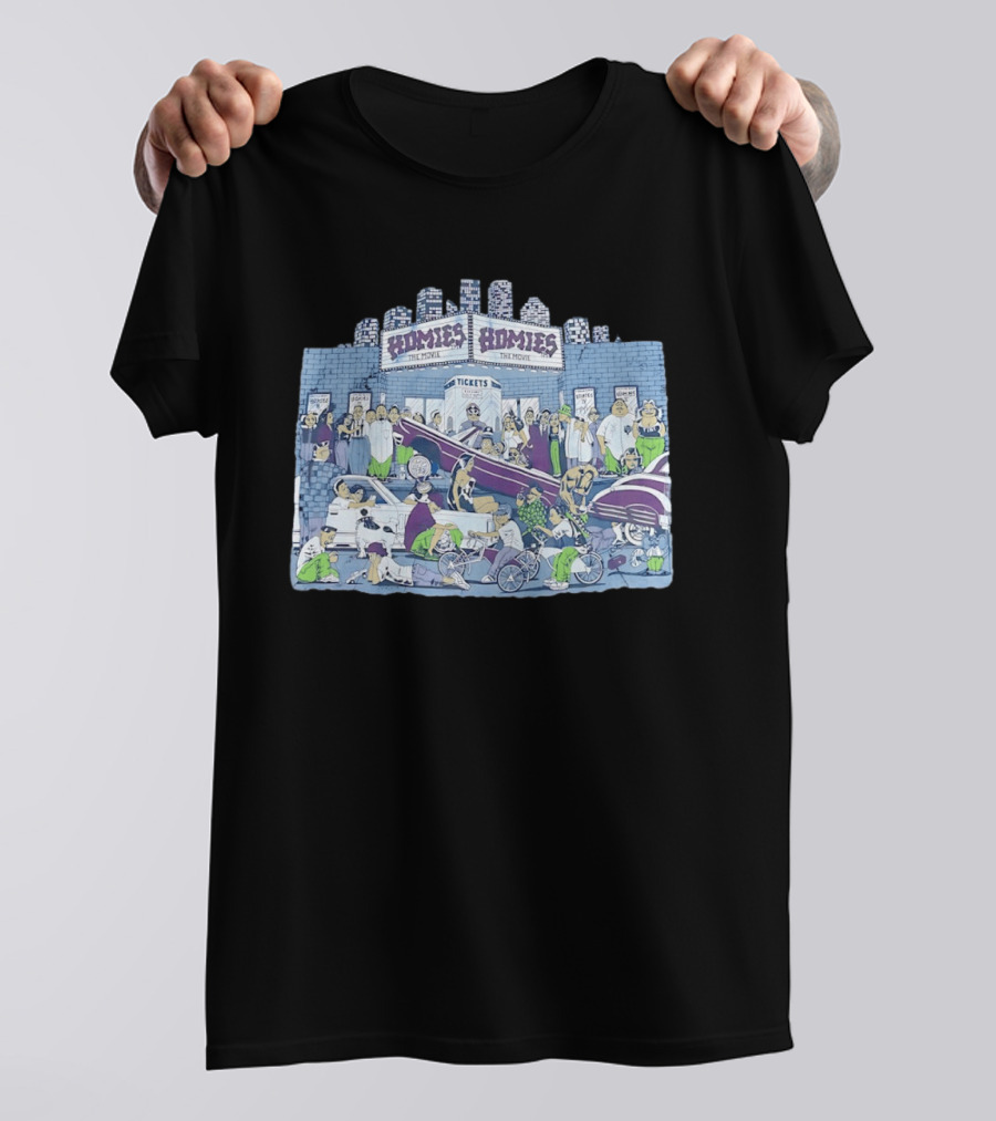 Homies The Movie Tickets Crowd Scene Skyscrapers Lowriders Bicycles T-Shirt