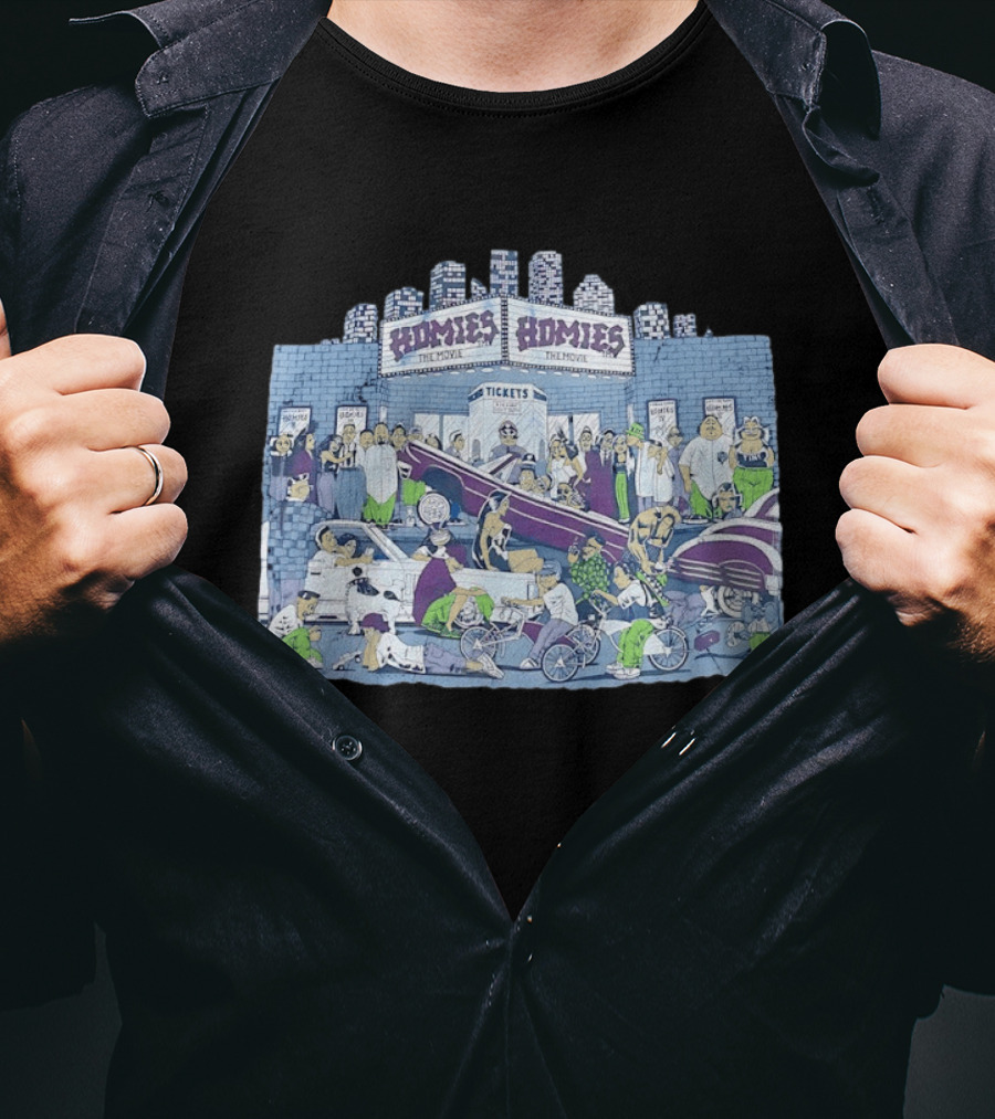 Homies The Movie Tickets Crowd Scene Skyscrapers Lowriders Bicycles T-Shirt
