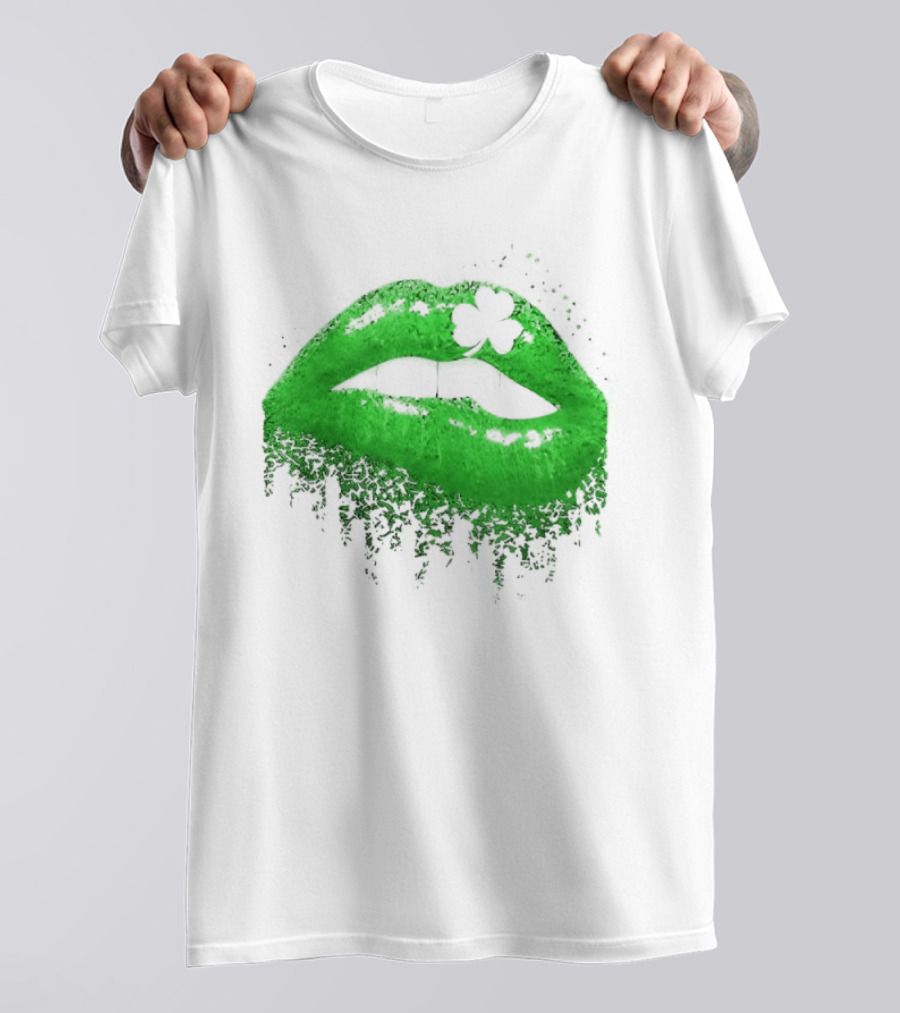 St Patrick's Day Green Lips Shamrock Shape T-Shirt