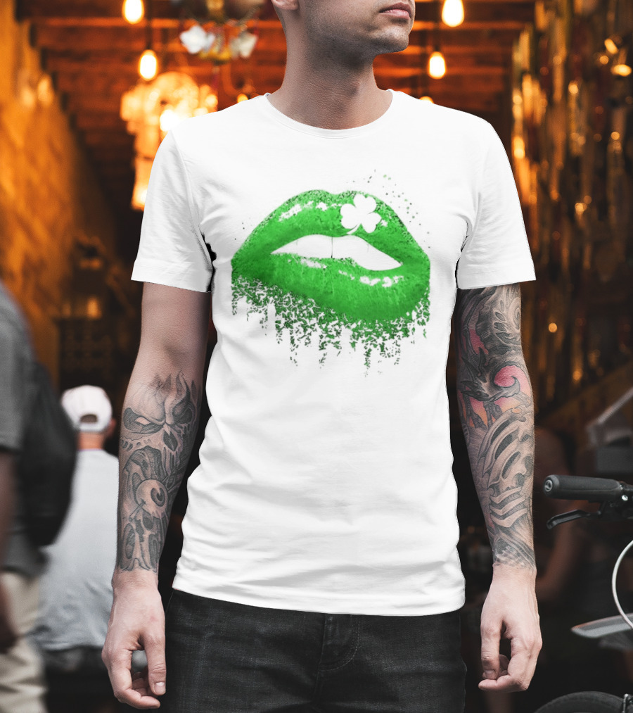 St Patrick's Day Green Lips Shamrock Shape T-Shirt