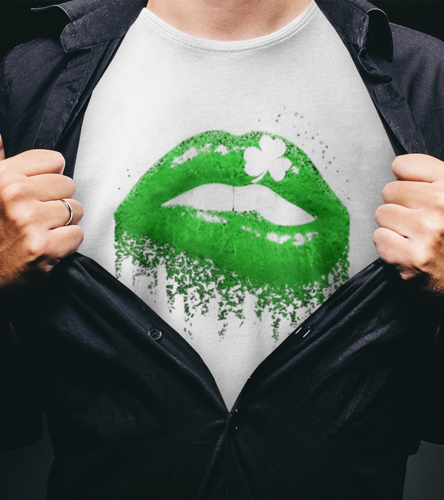 St Patrick's Day Green Lips Shamrock Shape T-Shirt