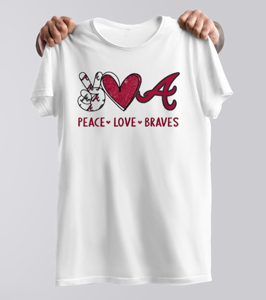 Atlanta Braves Peace Love Hand Sign Heart Shape T-Shirt