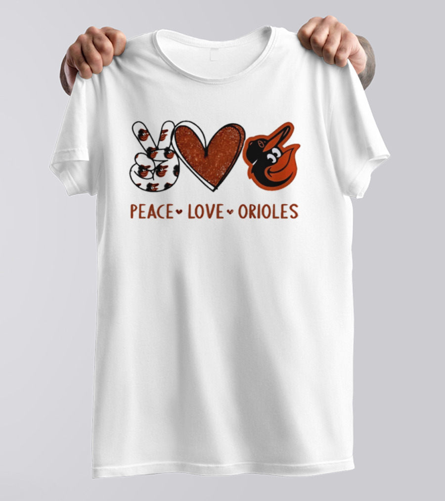 Peace Love Orioles Hand Sign Heart Shape Baltimore Orioles T-Shirt