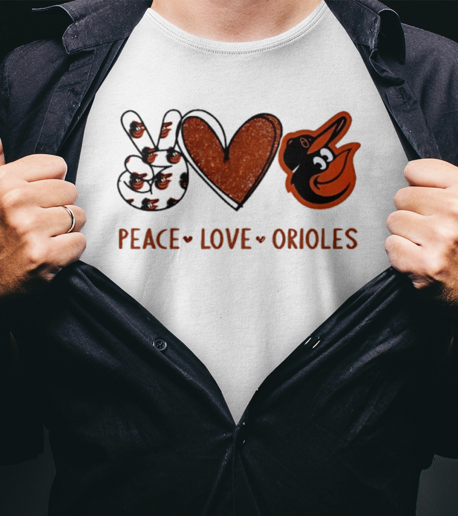 Peace Love Orioles Hand Sign Heart Shape Baltimore Orioles T-Shirt
