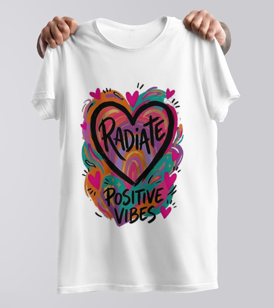 Radiate Positive Vibes Colorful Heart Shape T-Shirt