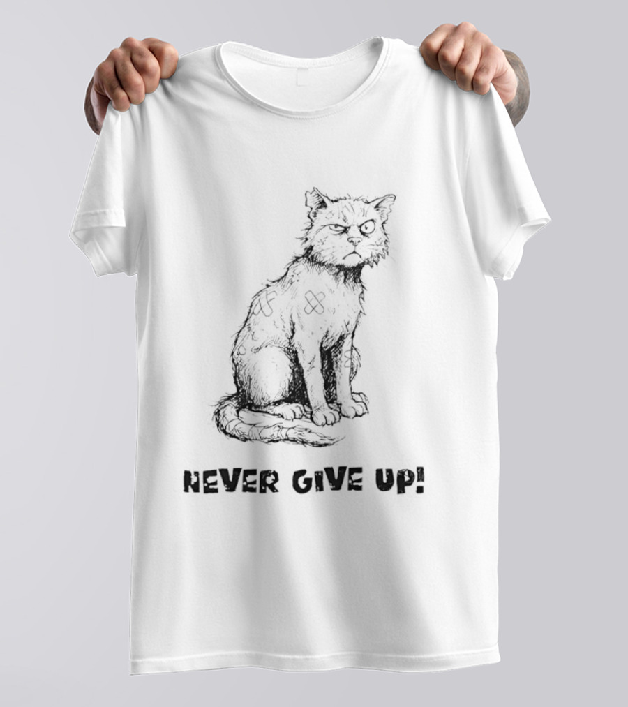 Cat Never Give Up Resilient Sketch Cat T-Shirt