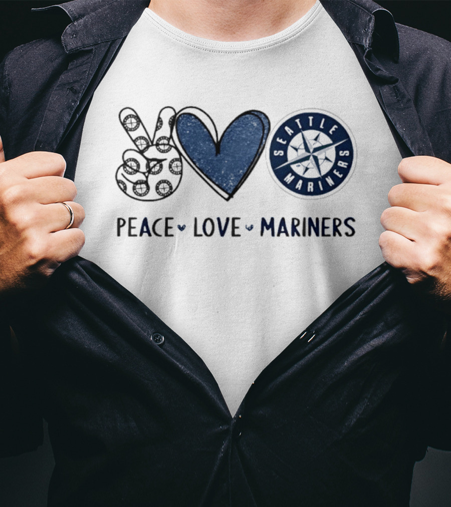 Peace Love Seattle Mariners Hand Sign Heart Shape T-Shirt