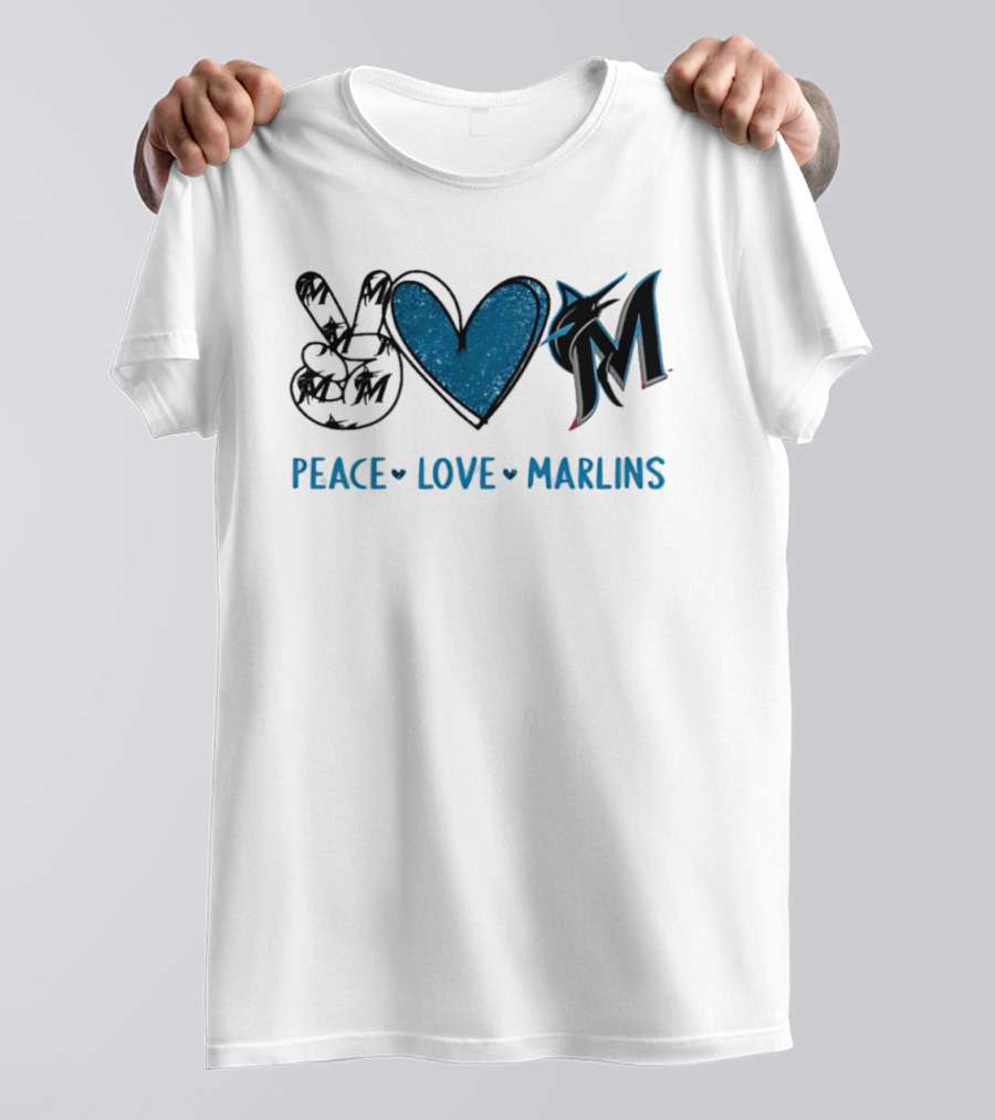 Peace Love Miami Marlins Hand Sign Heart Shape T-Shirt