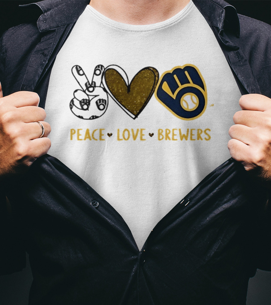 Milwaukee Brewers Peace Love Hand Sign Heart Shape T-Shirt
