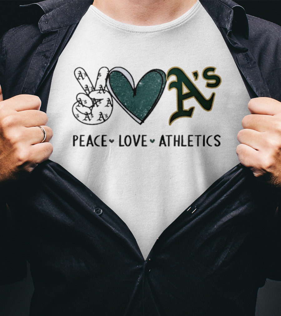 Peace Love Oakland Athletics Hand Sign Heart Shape A's T-Shirt