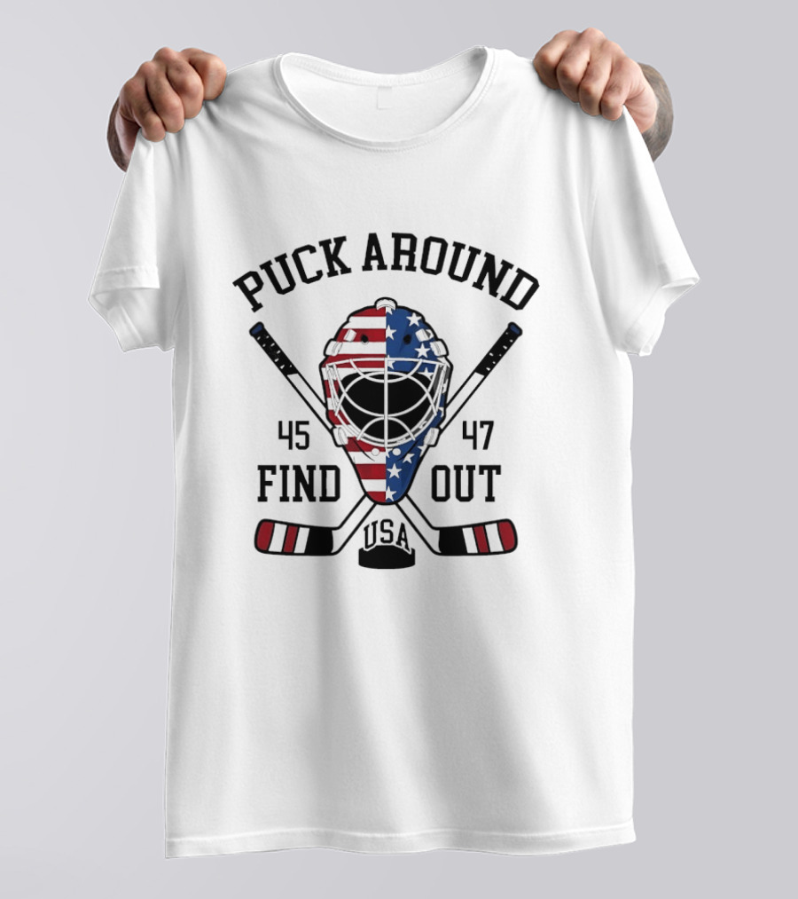 Puck Around Find Out USA Stars Stripes Helmet 45 47 Hockey T-Shirt
