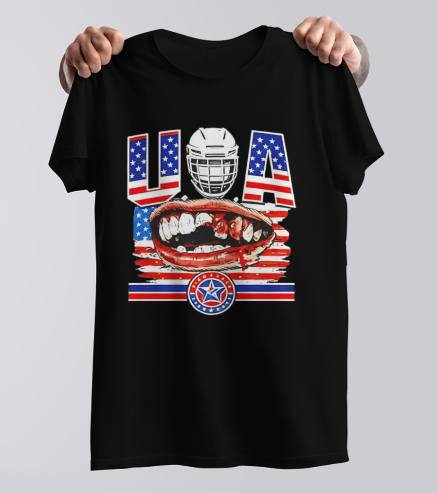 USA Hockey Helmet Bloody Teeth Mouth Stars Stripes Flag T-Shirt