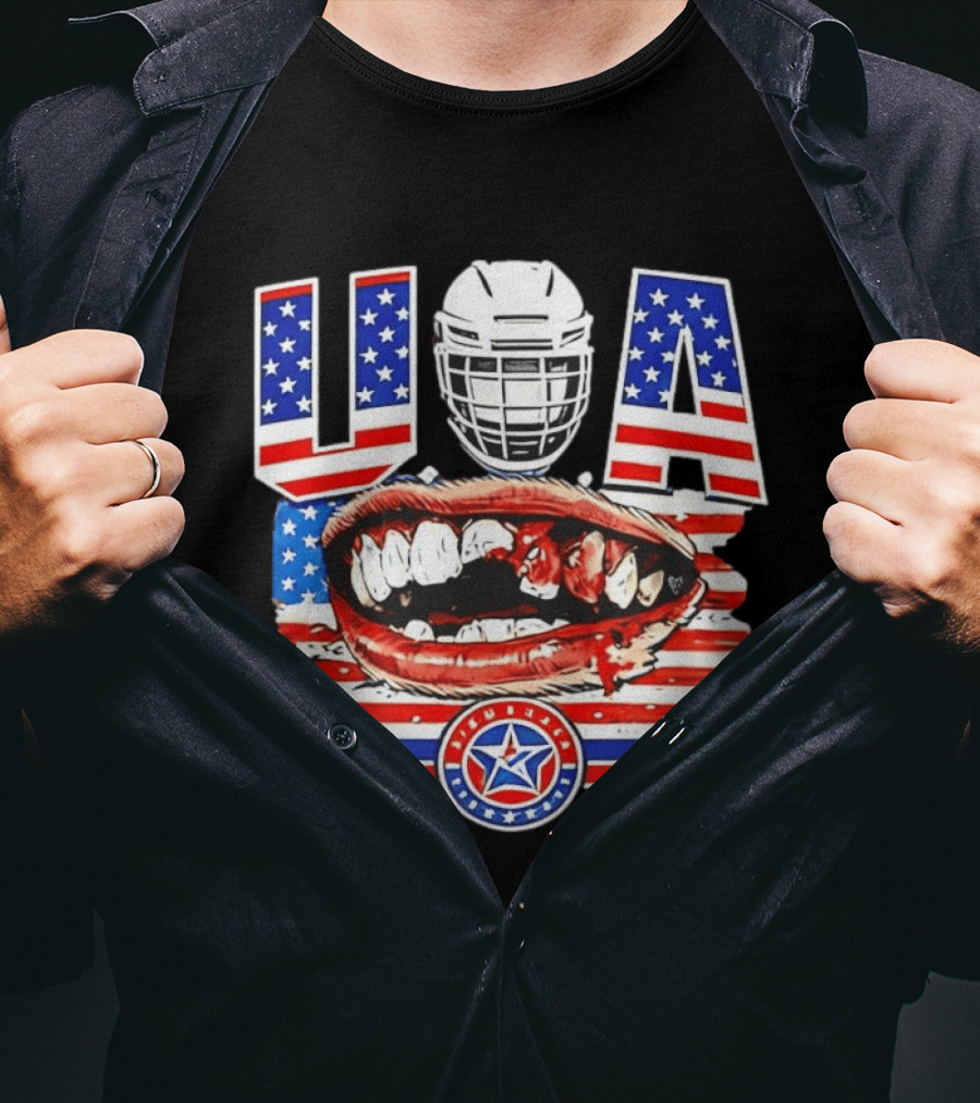 USA Hockey Helmet Bloody Teeth Mouth Stars Stripes Flag T-Shirt