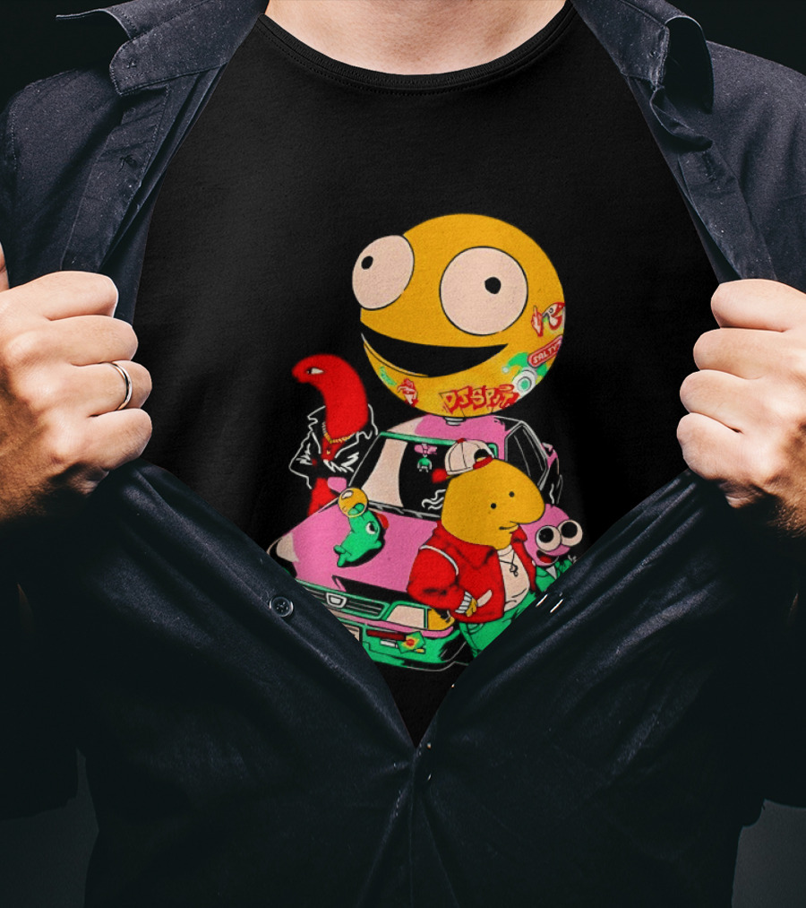 Pac Man Inspired Japanese Characters And Vintage Car Adventure T-Shirt