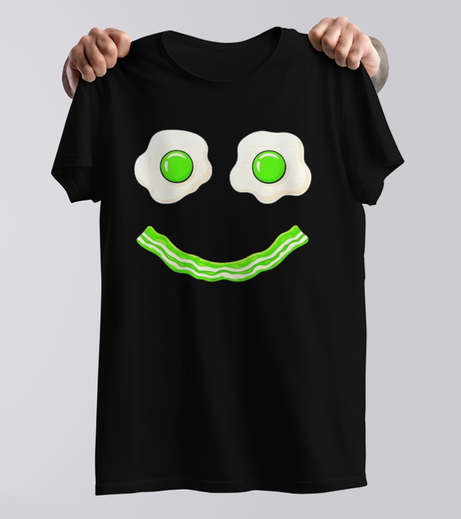 Green Smile Face Eggs And Bacon Ham Breakfast Fun Food Expression T-Shirt