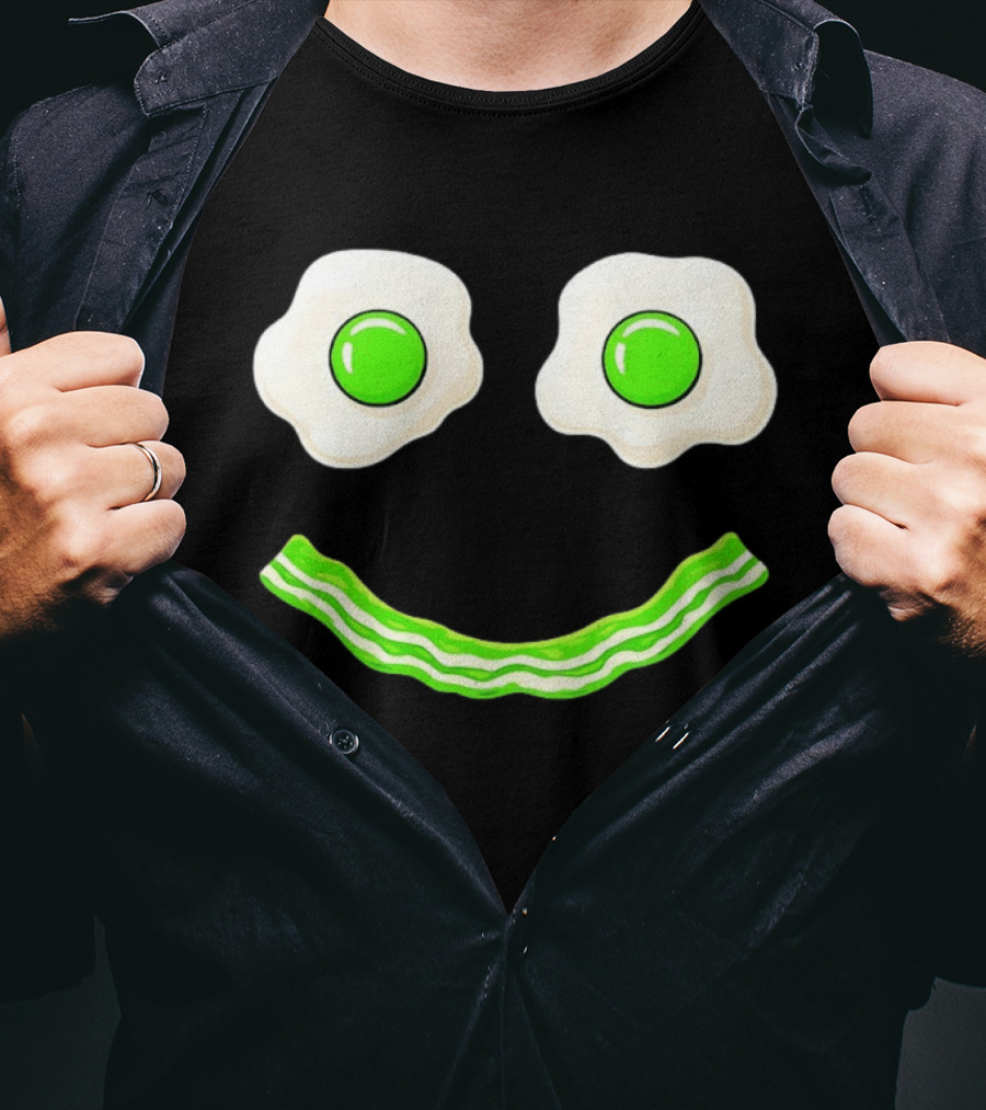 Green Smile Face Eggs And Bacon Ham Breakfast Fun Food Expression T-Shirt