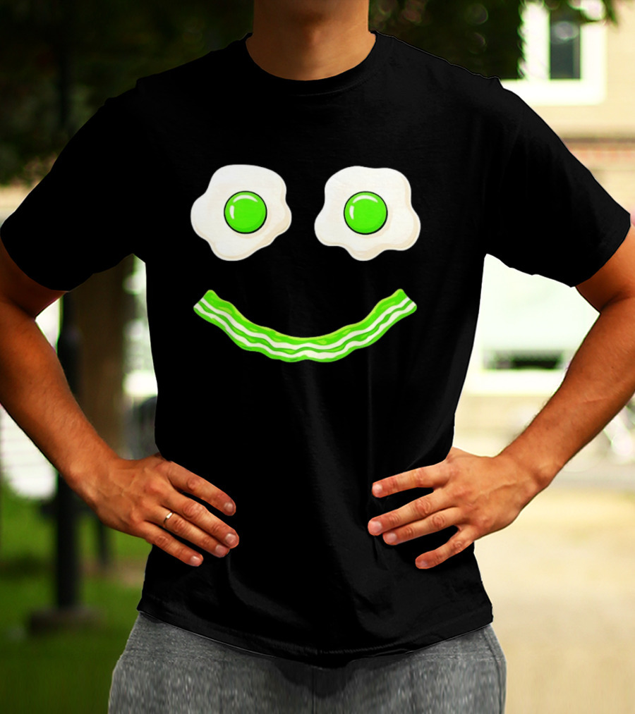 Green Smile Face Eggs And Bacon Ham Breakfast Fun Food Expression T-Shirt