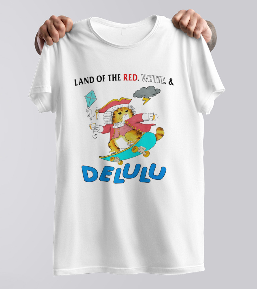 Land Of The Red White And Delulu Cat Pirate Skateboard Kite T-Shirt