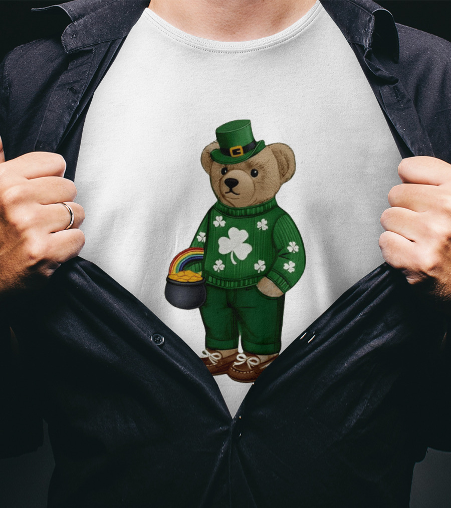Lucky Teddy Bear Irish St Patricks Day Clover Rainbow Pot Of Gold T-Shirt