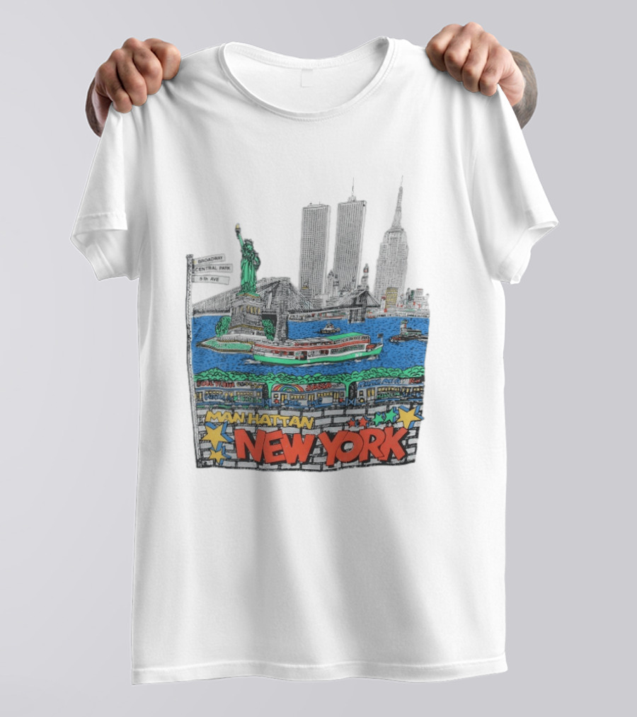 Statue Of Liberty Brooklyn Bridge Broadway Central Park 5th Ave Manhattan New York Skyline T-Shirt