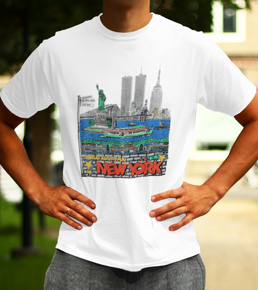 Statue Of Liberty Brooklyn Bridge Broadway Central Park 5th Ave Manhattan New York Skyline T-Shirt