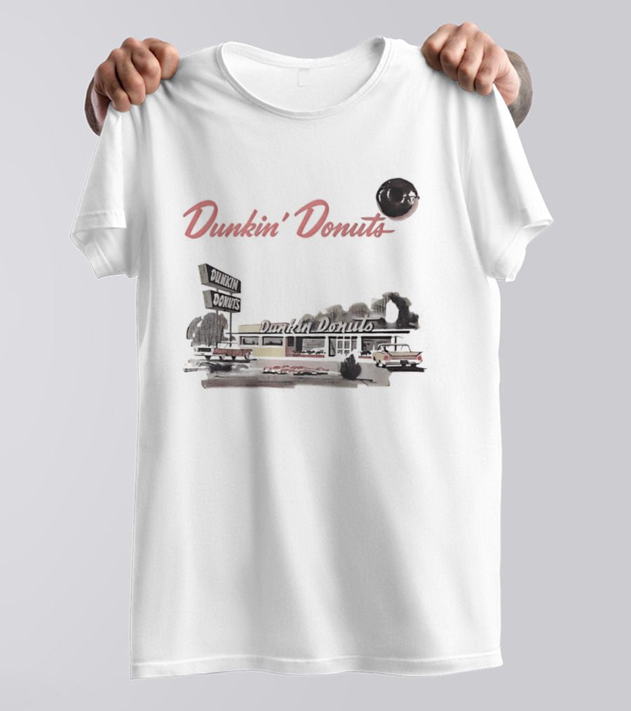 Dunkin Donuts Retro Vintage Coffee Shop Neon Sign And Classic Car Scene T-Shirt