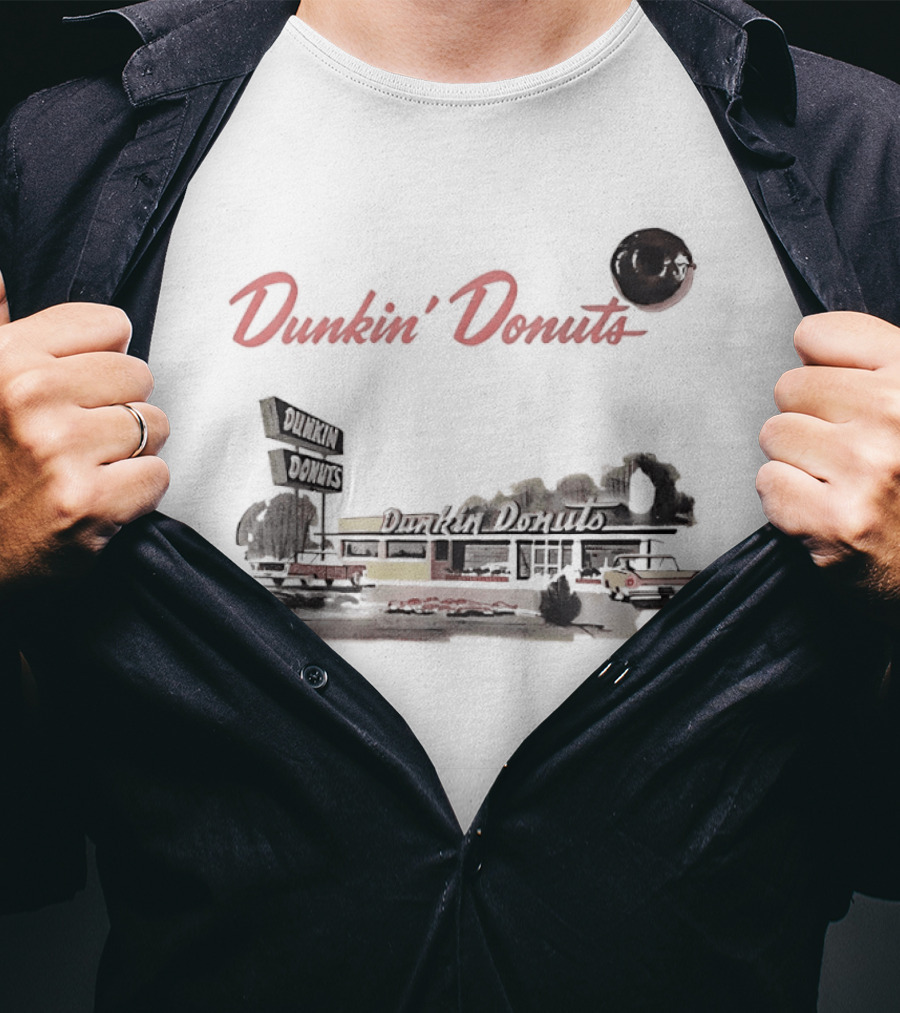 Dunkin Donuts Retro Vintage Coffee Shop Neon Sign And Classic Car Scene T-Shirt