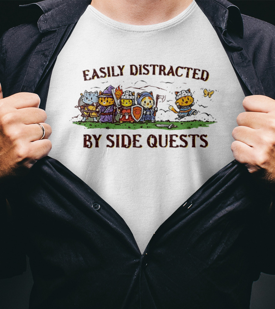 Easily Distracted By Side Quests Cats In Fantasy Costumes T-Shirt