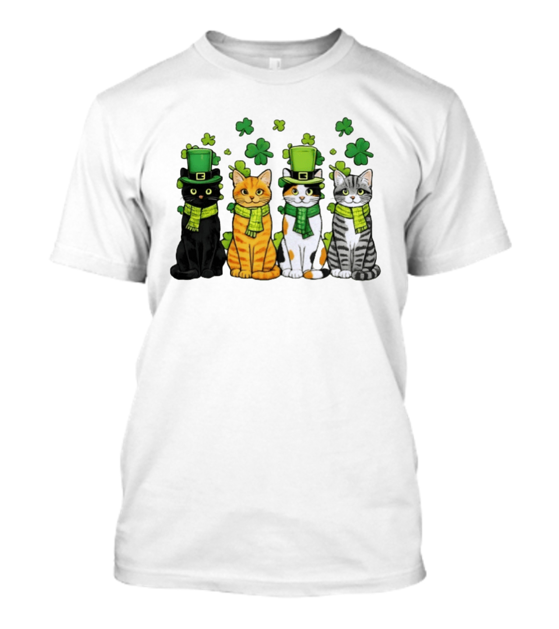 St Catrick's Day Black Cat Orange Tabby Cat Calico Cat And Gray Tabby Cat With Shamrocks And Green St Patrick's Hats T-Shirt