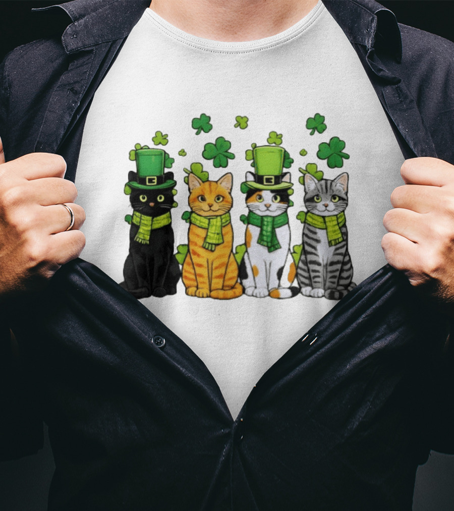 St Catrick's Day Black Cat Orange Tabby Cat Calico Cat And Gray Tabby Cat With Shamrocks And Green St Patrick's Hats T-Shirt