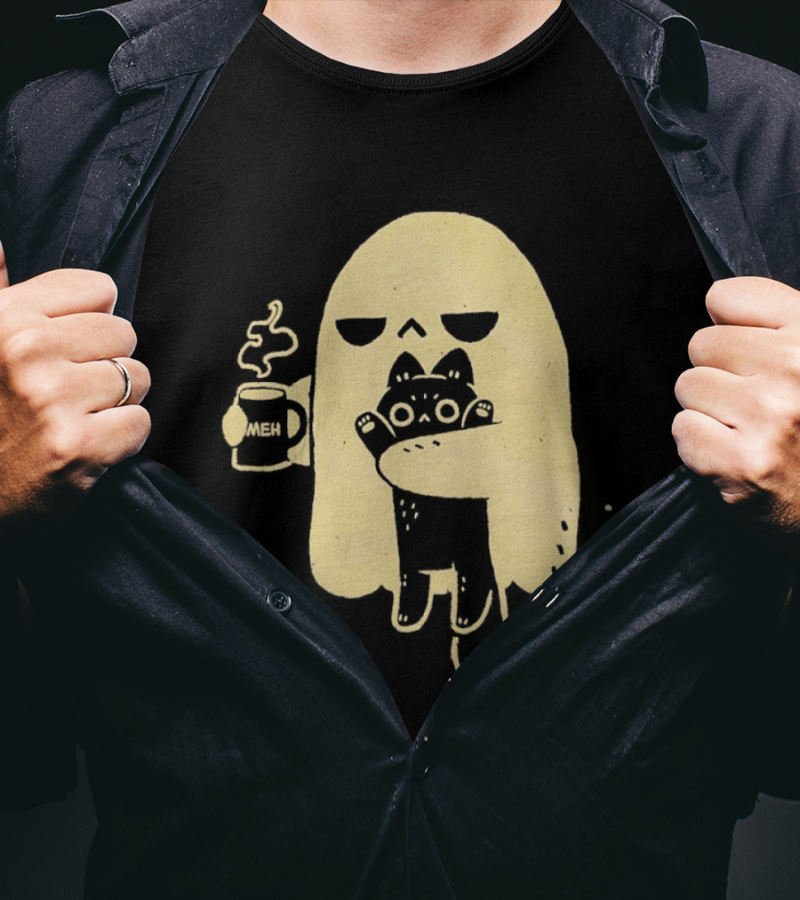 Ghost With Cat And Coffee Cup T-Shirt