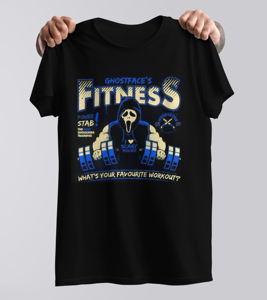 Ghostface Fitness What's Your Favorite Workout Power Stab Shoulder Training T-Shirt