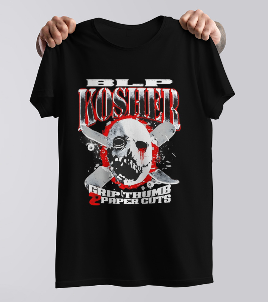 RIP Kosher Grip Thumb Paper Cuts Horror Mask Cross Knives T-Shirt