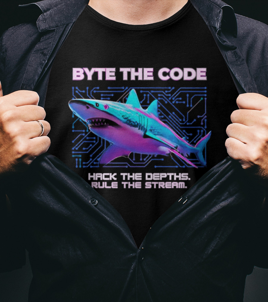 Byte The Code Hack The Depths Rule The Stream Cyberpunk Shark T-Shirt