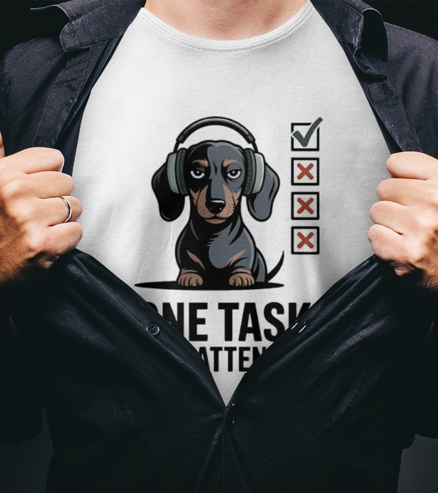 Dachshund Dog Headphones One Task Full Attention Checklist T-Shirt