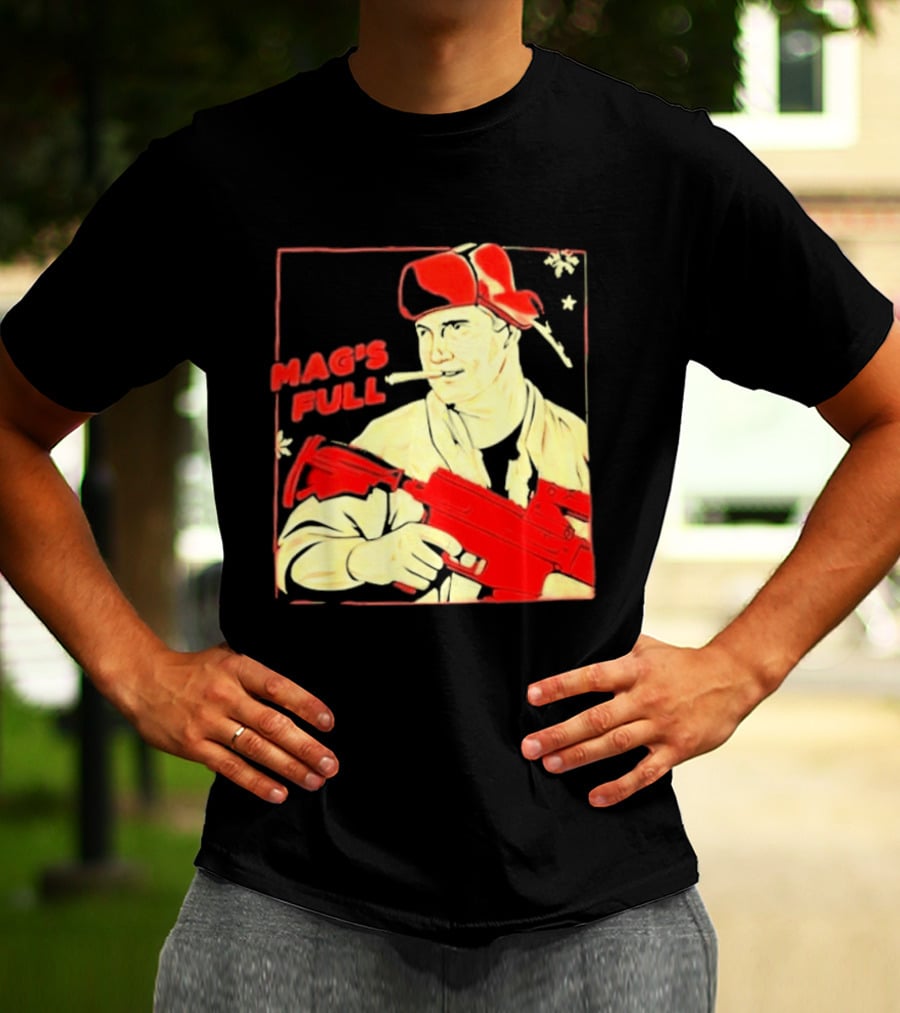 Mag's Full Armed Character With Red Cap And Gun T-Shirt