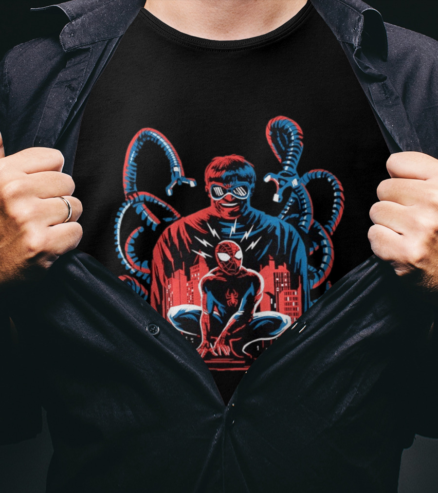 The Shadow Of The Octopus Spider Man And Doctor Octopus Cityscape Showdown T-Shirt