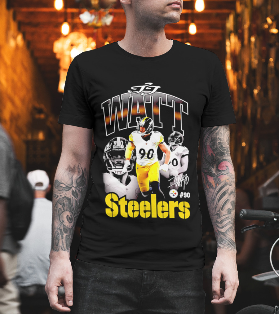 T.J. Watt Steelers #90 Triple Image With Signature T-Shirt