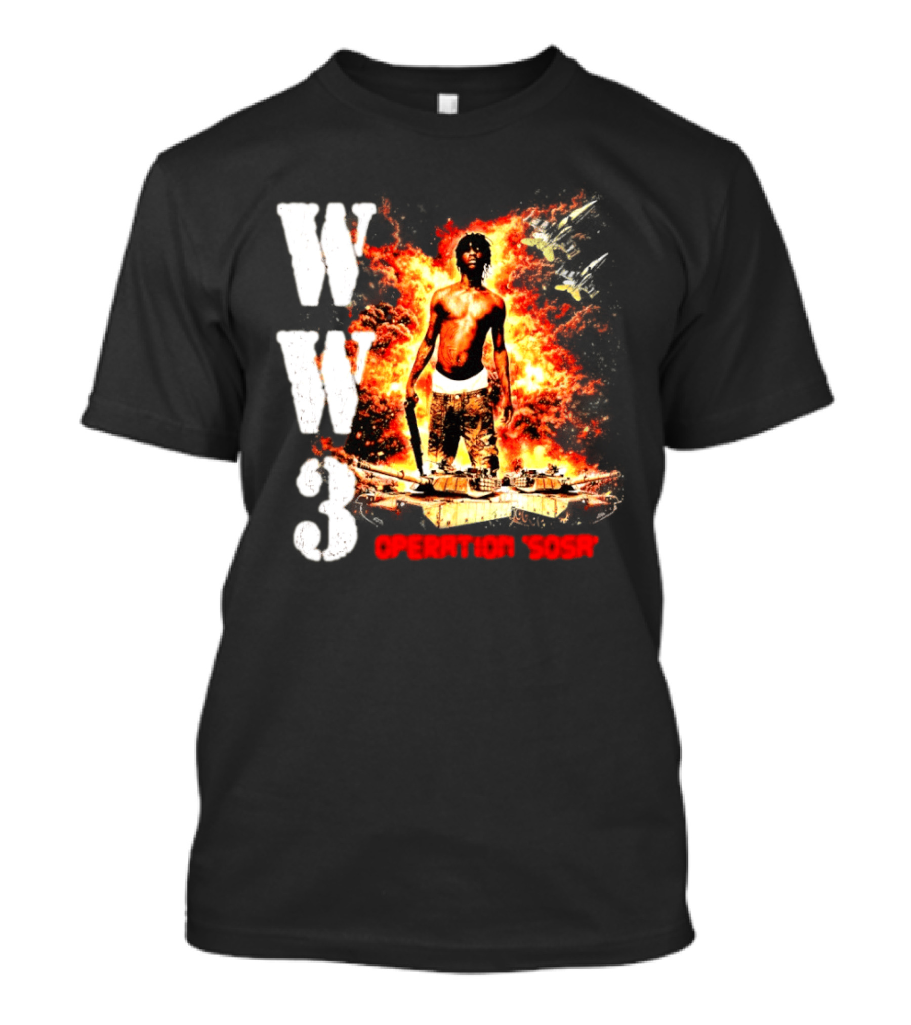 WW3 Operation Sosa Explosive Art With Iconic Figure And Fiery T-Shirt