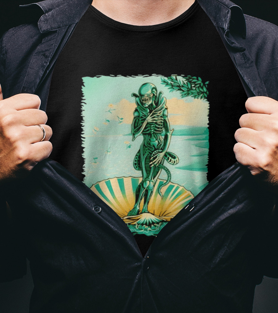 Alien Seated On Seashell The Birth Of Alienus Fusion Renaissance T-Shirt