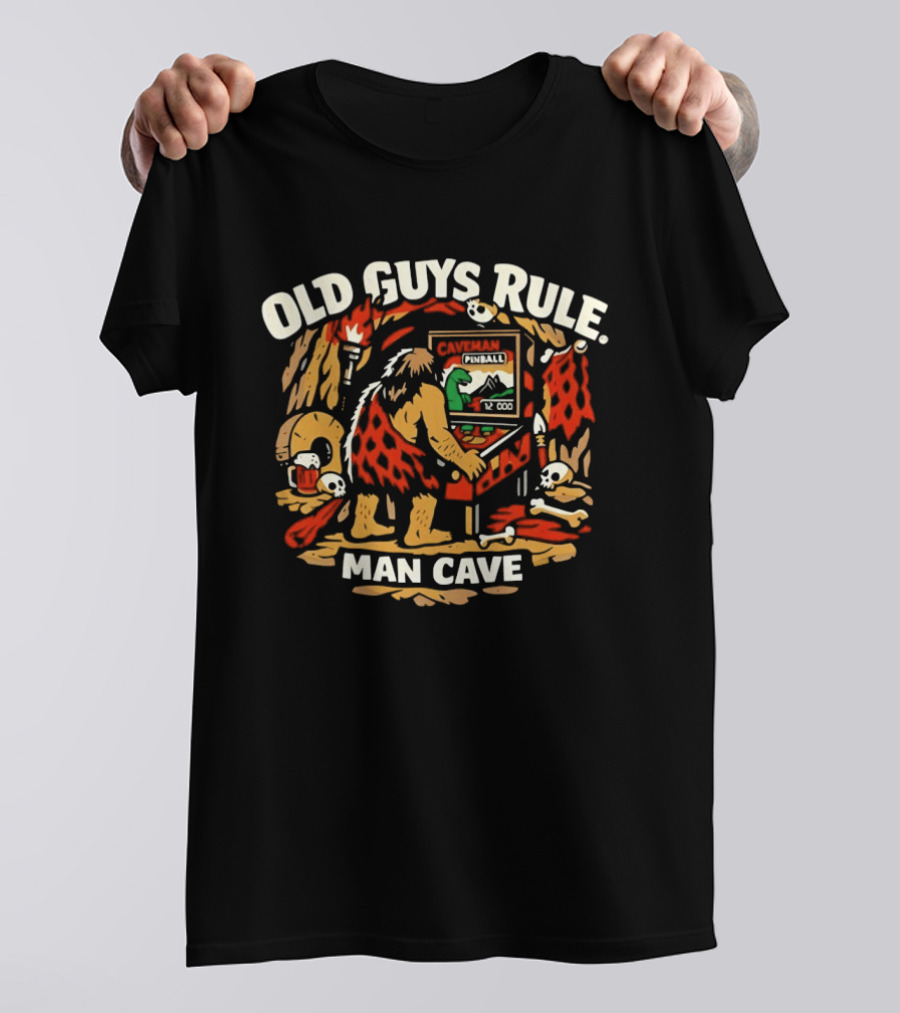 Old Guys Rule Man Cave Caveman Pinball Vintage Humor T-Shirt
