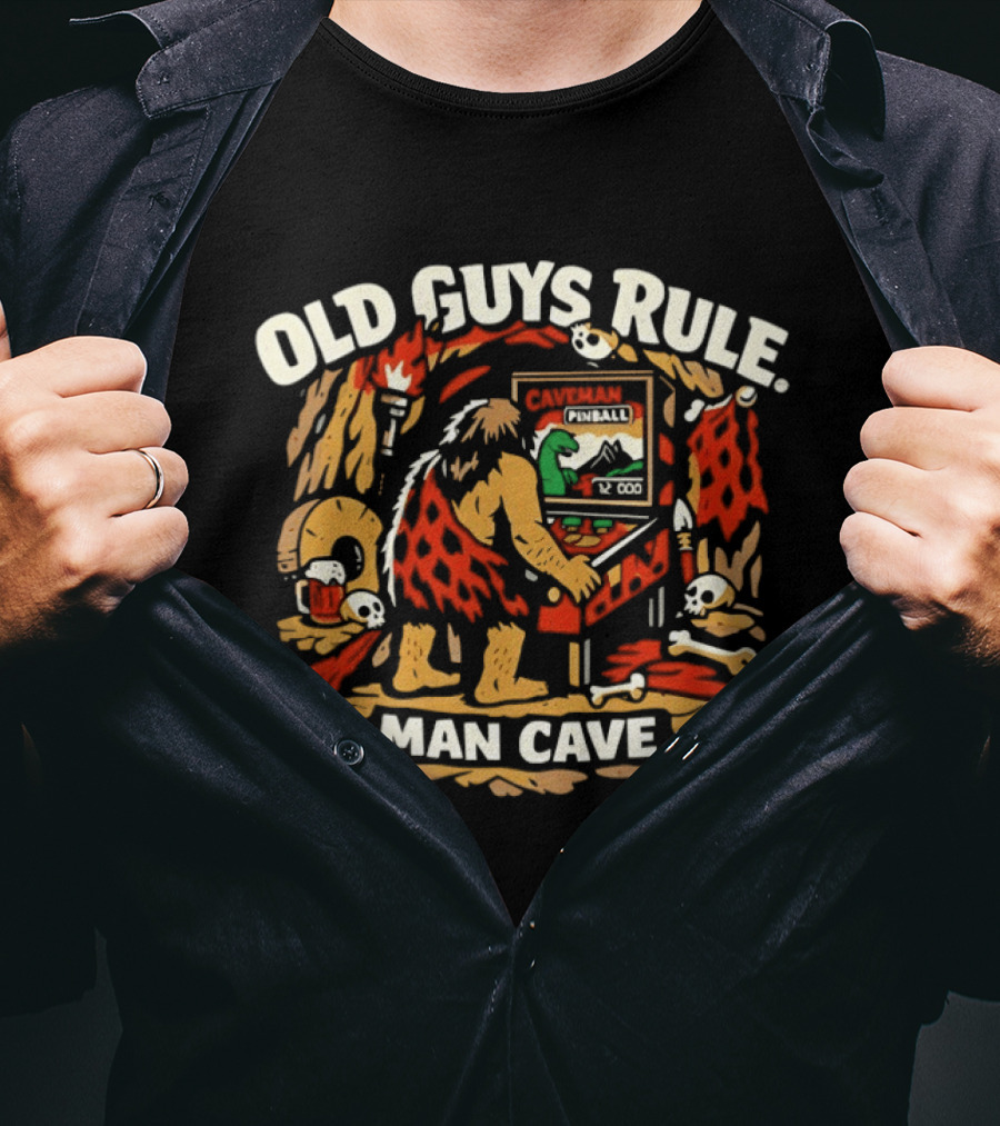 Old Guys Rule Man Cave Caveman Pinball Vintage Humor T-Shirt