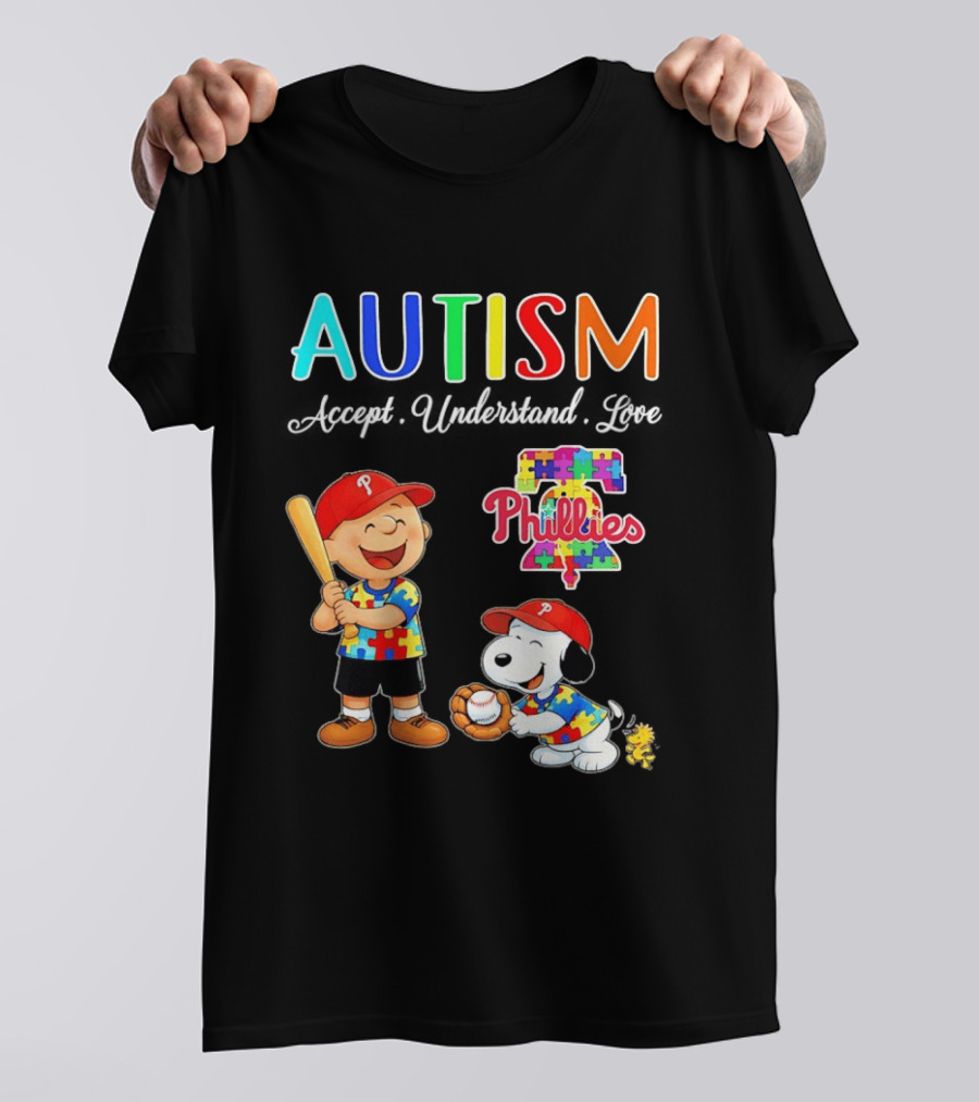 Charlie Brown Snoopy Philadelphia Phillies Autism Awareness Puzzle Piece Accept Understand Love T-Shirt