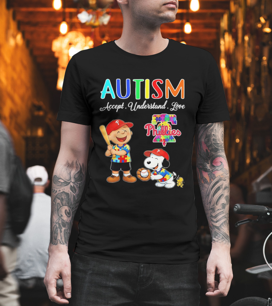 Charlie Brown Snoopy Philadelphia Phillies Autism Awareness Puzzle Piece Accept Understand Love T-Shirt