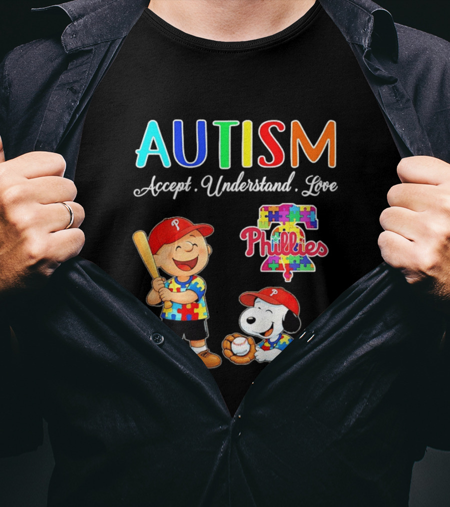 Charlie Brown Snoopy Philadelphia Phillies Autism Awareness Puzzle Piece Accept Understand Love T-Shirt