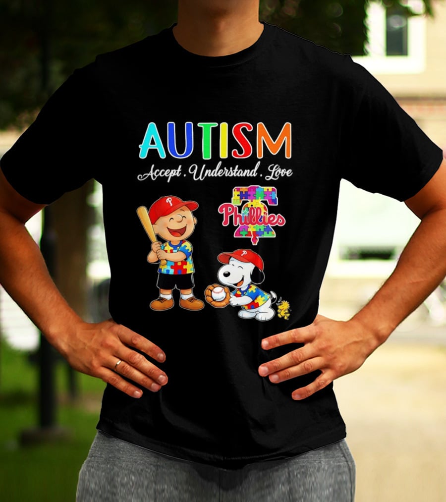 Charlie Brown Snoopy Philadelphia Phillies Autism Awareness Puzzle Piece Accept Understand Love T-Shirt